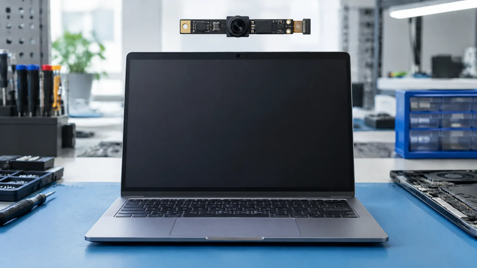 Illustrative AI-generated editorial scene showing Integrated webcam CMOS image sensor in a generic education context.