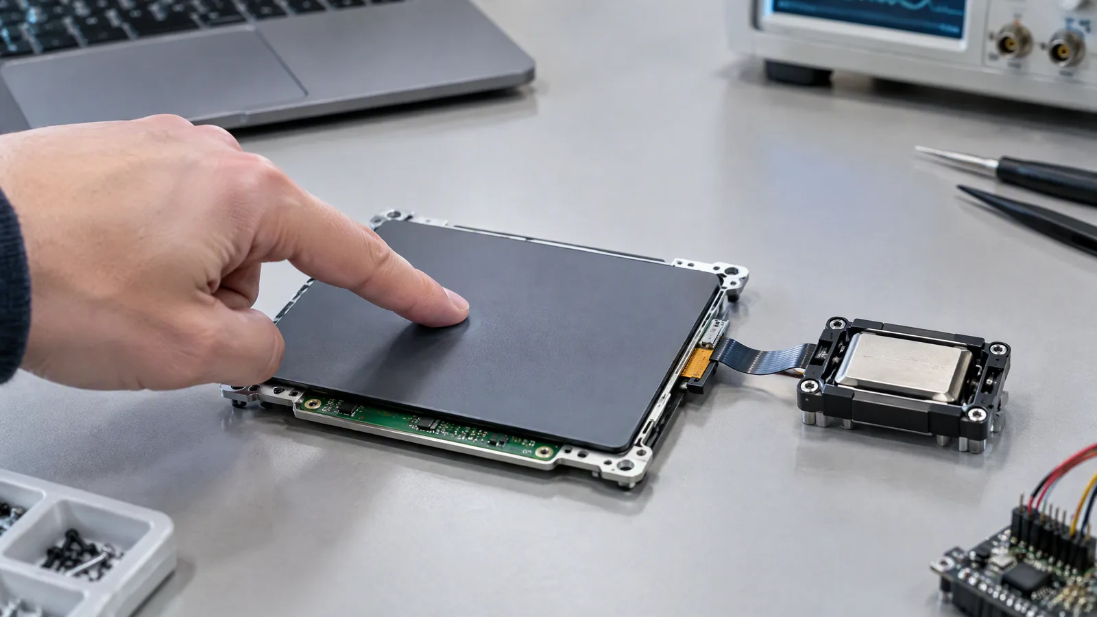 Illustrative AI-generated editorial scene showing Force-sensing touchpad in a generic education context.