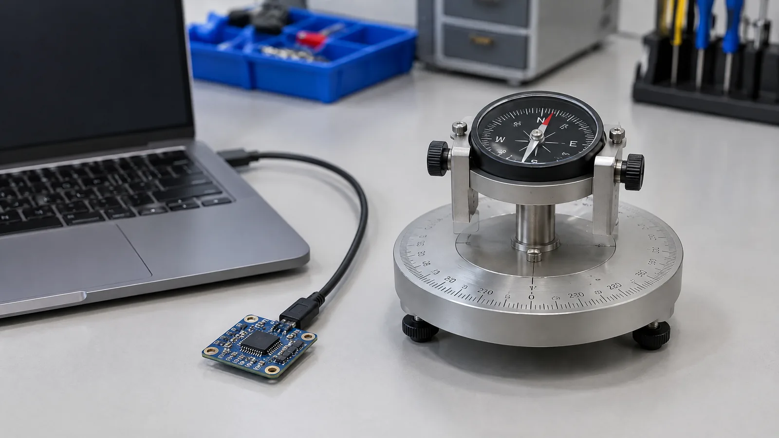 Illustrative AI-generated editorial scene showing Magnetometer (compass sensor) in a generic education context.