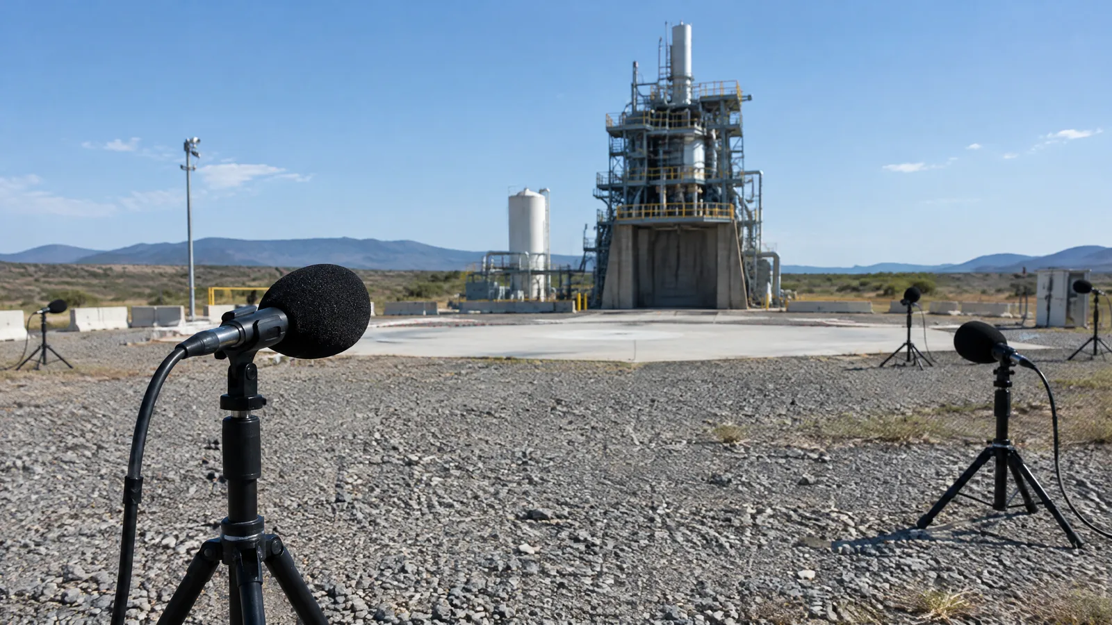 Illustrative AI-generated editorial scene showing Rocket-test acoustic-pressure microphone array in a generic education context.