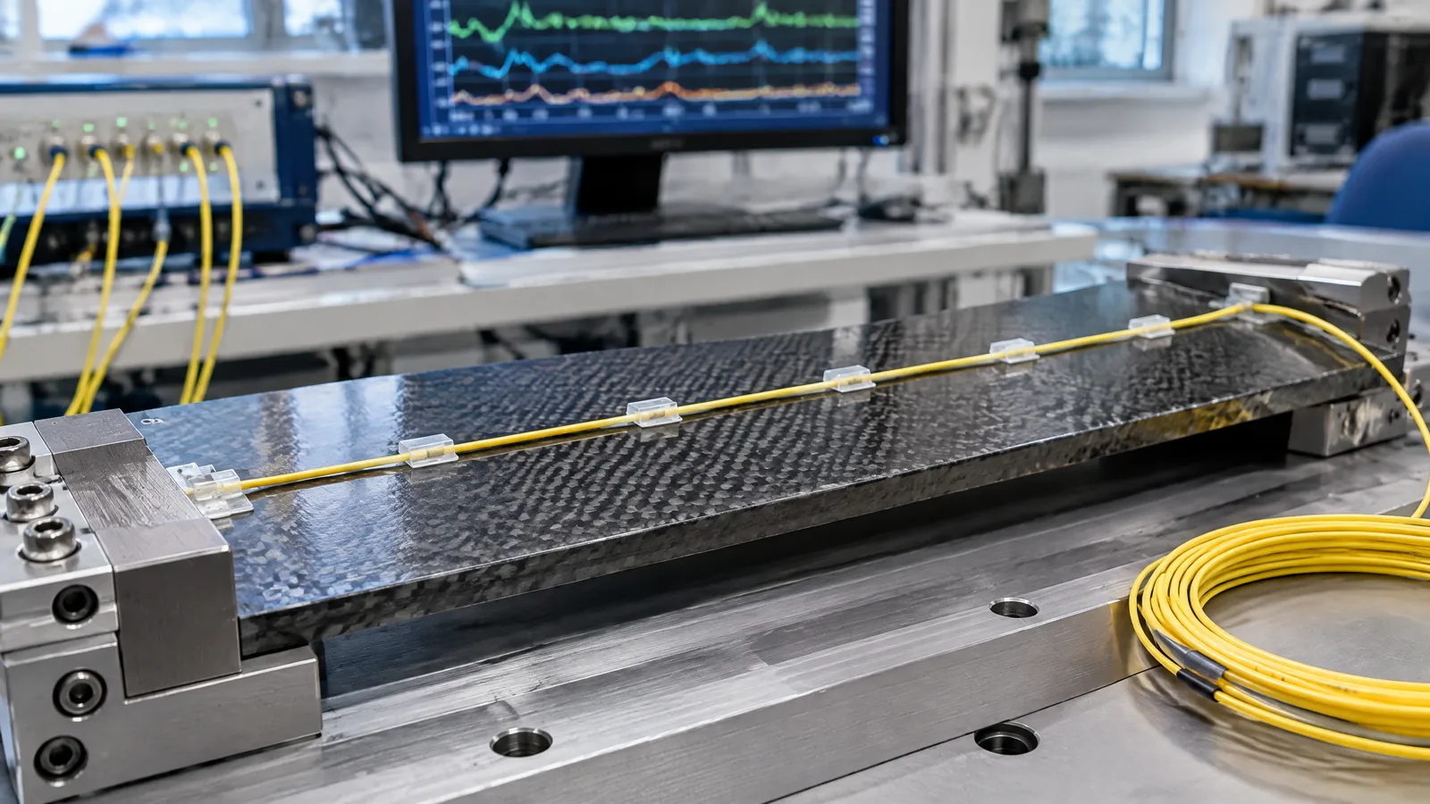 Illustrative AI-generated editorial scene showing Fiber-optic strain and temperature sensor (FBG/OFDR) in a generic education context.
