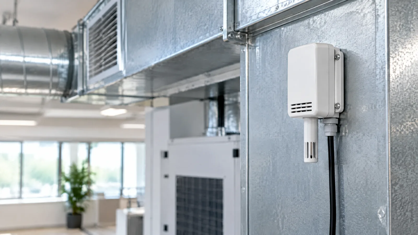 Illustrative AI-generated editorial scene showing HVAC relative-humidity sensor in a generic education context.