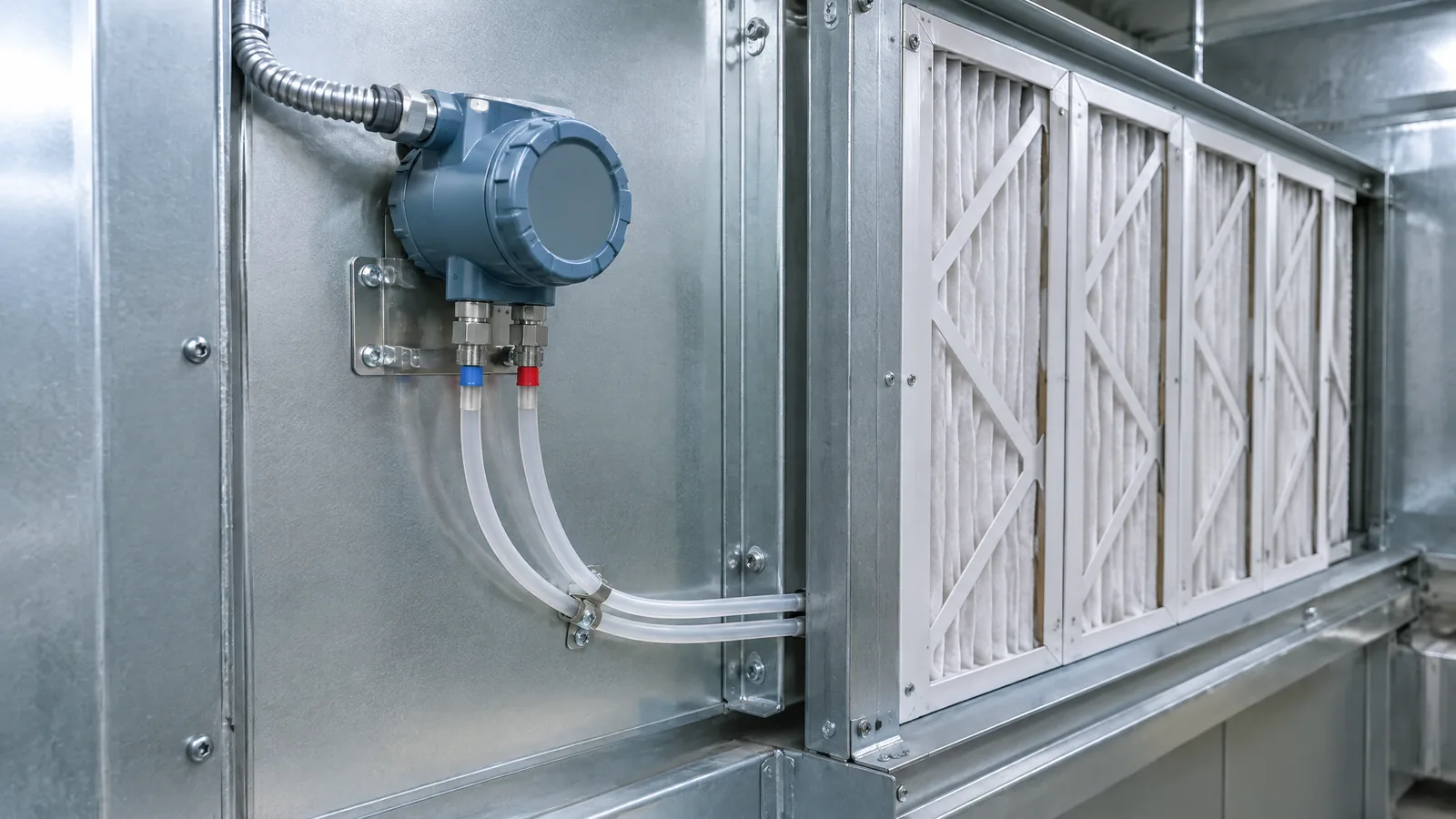 Illustrative AI-generated editorial scene showing HVAC differential-pressure transmitter in a generic education context.