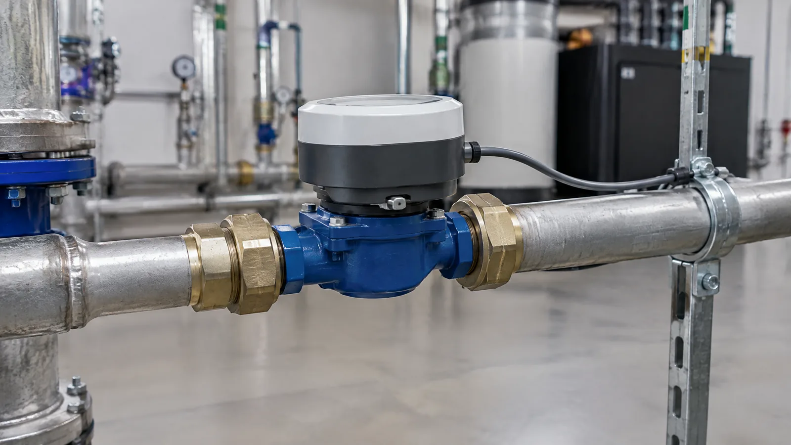 Illustrative AI-generated editorial scene showing Smart water meter / flow meter for derived leak anomalies in a generic education context.