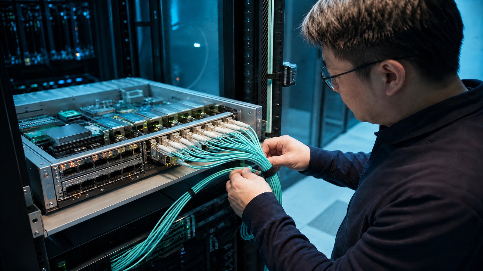 An optical networking engineer in a data-centre aisle carefully connects fine fibre modules beside a dense open switch chassis, with coiled fibre, heat sinks, and server racks fading into a teal-lit background.