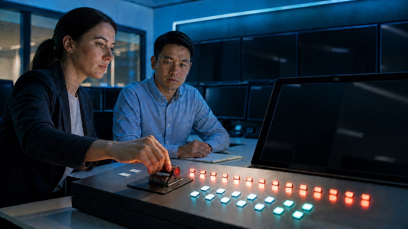 Two software operators review a printed AI action ledger and a physical permission-control board in a realistic, teal-lit operations room.