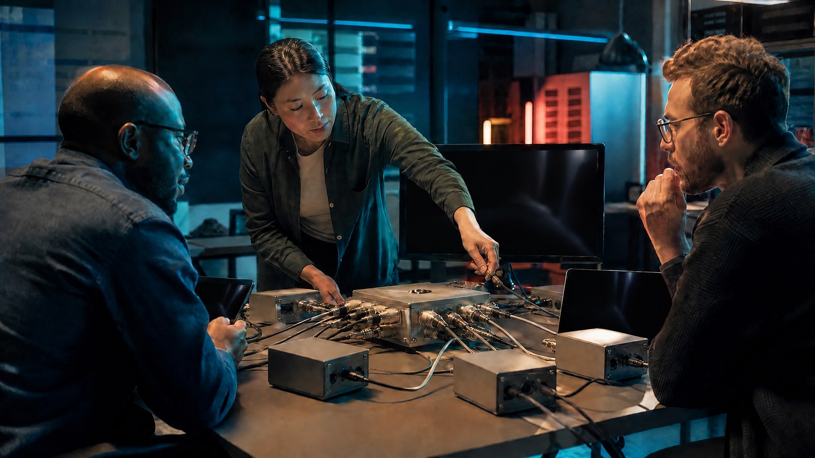 Software engineers collaborate at a workstation while an abstract automated API contract test sequence runs across a wall display with no readable text.