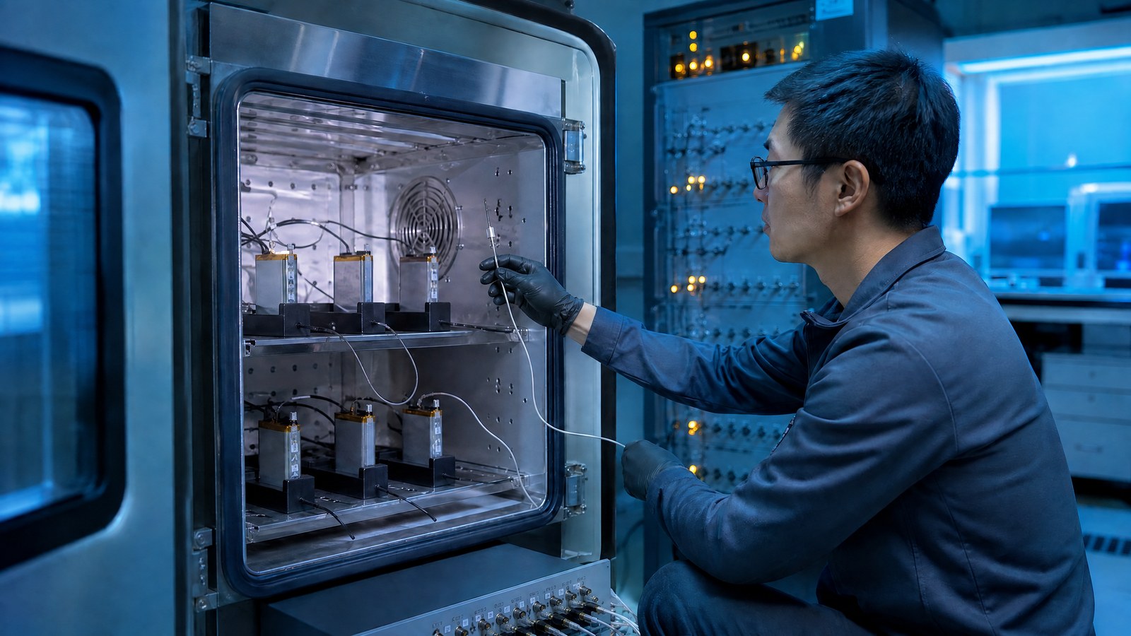 An electronics engineer checks battery cells and test leads inside a temperature-controlled laboratory chamber.