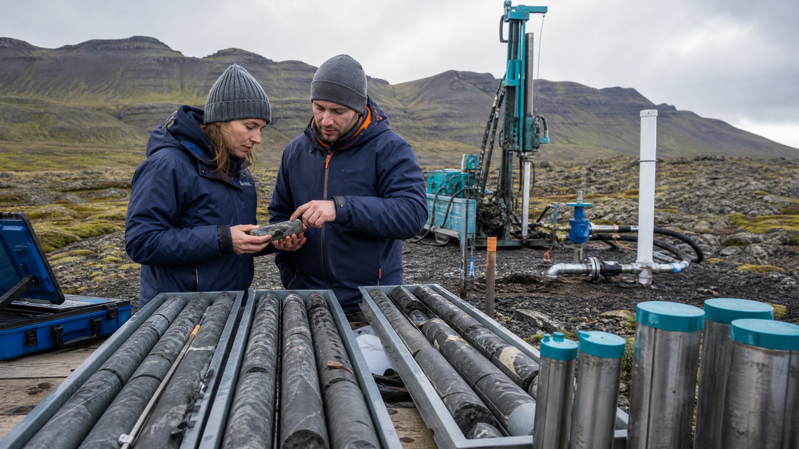 Two geoscientists examine rock cores beside monitored injection piping at a carbon mineralisation field pilot.