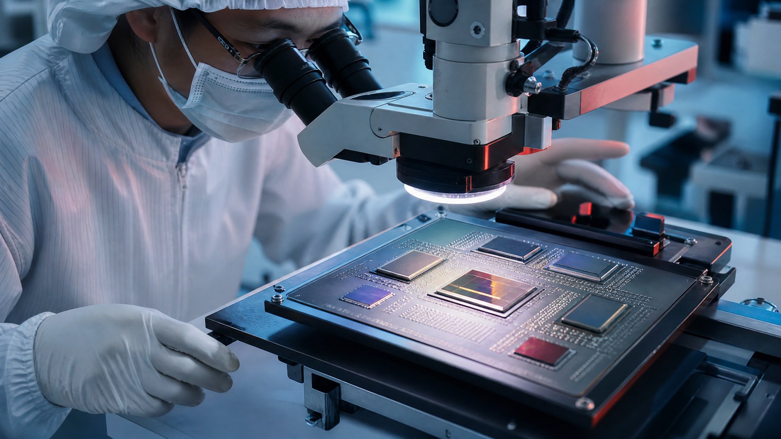 A semiconductor packaging engineer in a clean laboratory studies three separate chiplets mounted on a fine-pitch advanced interposer beneath a microscope, with probe tools and a softly blurred wafer cassette in the background.
