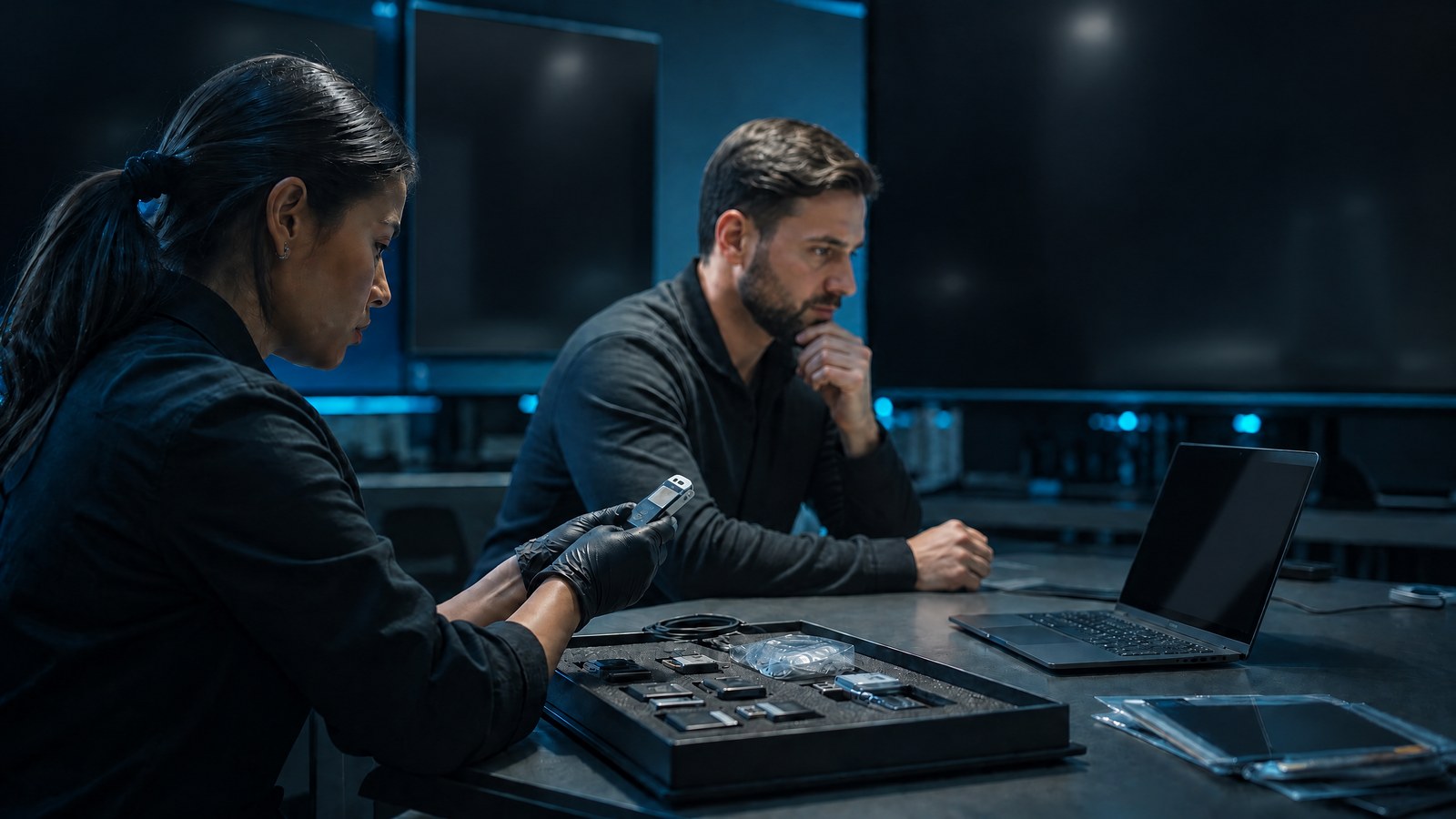 Two security analysts examine authentication-session patterns on isolated workstations in a teal-lit operations room.