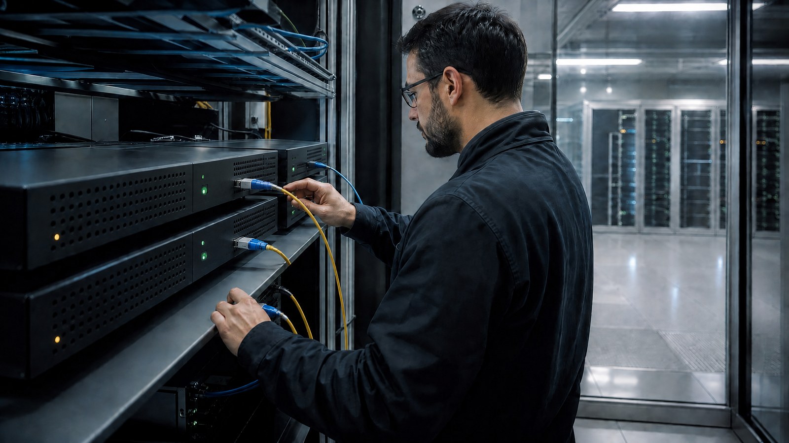 A network engineer tests cache nodes and origin routing equipment in a telecommunications facility with warm coral equipment lights.