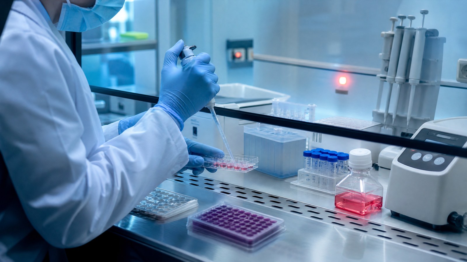 Two biomedical researchers prepare labeled but unreadable gene-editing sample tubes in a bright cell laboratory.