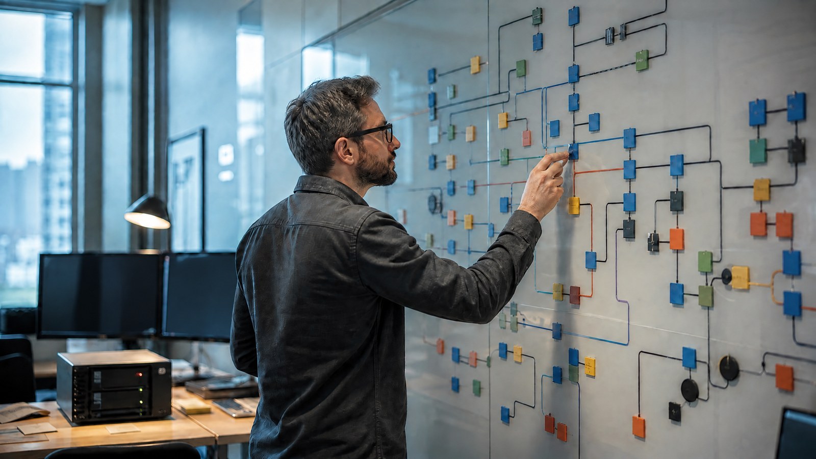 A database engineer compares query-plan diagrams on two monitors beside a compact rack-mounted production server in a quiet laboratory.
