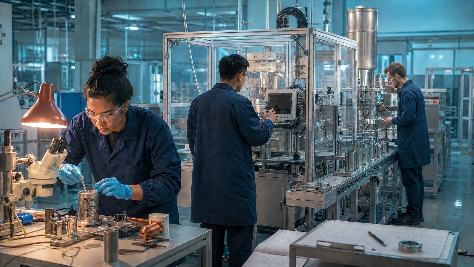 Deep-tech engineers guide a prototype process through a compact pilot manufacturing line, inspecting materials and unmarked equipment.