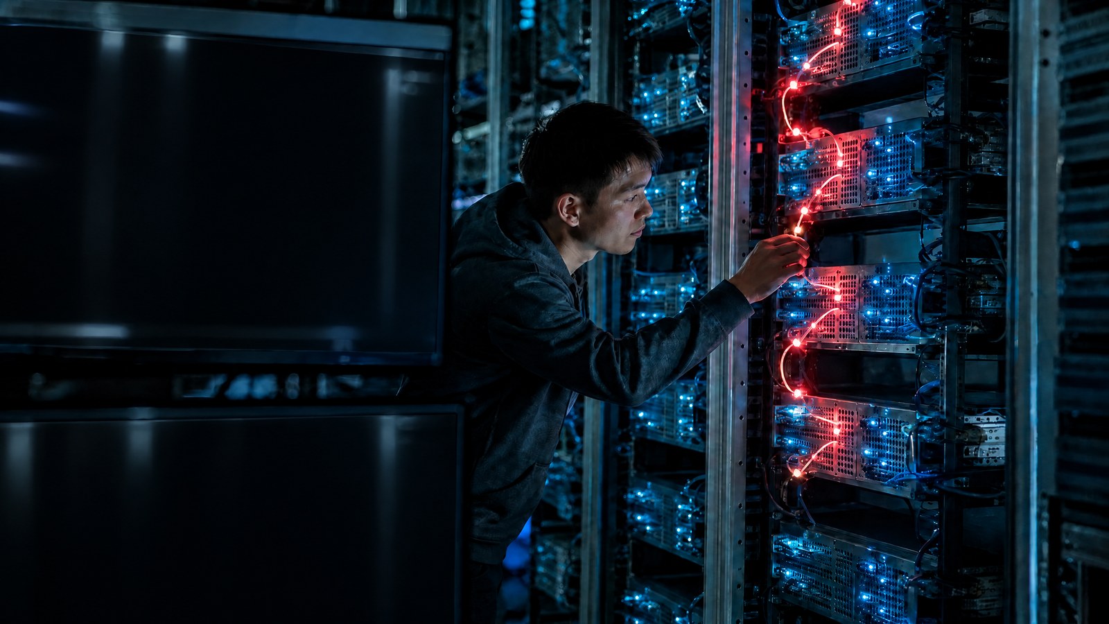 A site reliability engineer studies a continuous service trace across many microservice pathways on a dim operations-centre display.