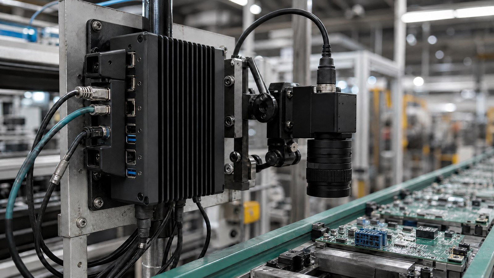 Industrial edge computer and machine-vision camera mounted beside an assembly line