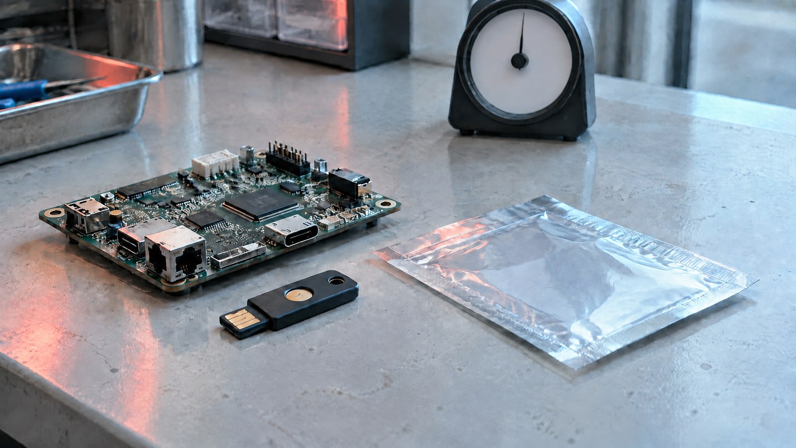 Unbranded connected device components and security hardware on a compliance workbench.