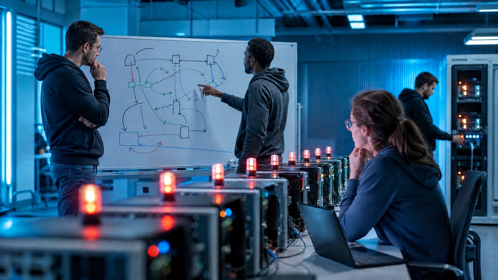 A software team observes a physical event-stream operations display with abstract queue paths and service diagrams in a calm control room.