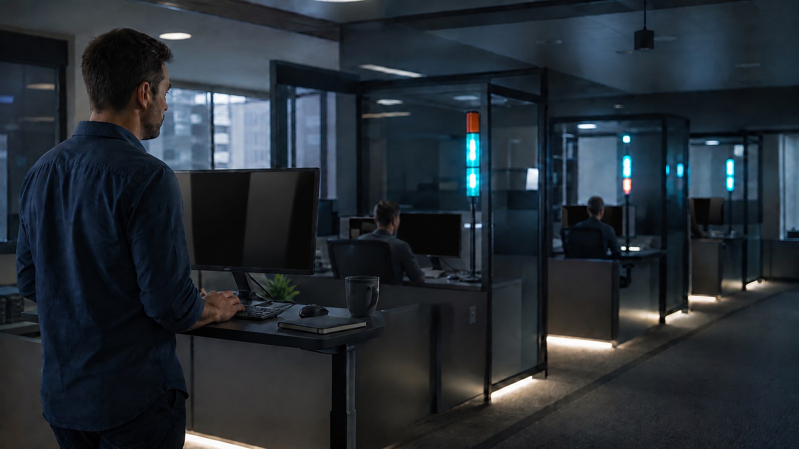 A product engineering team supervises a progressive software rollout from a release room with physical stage cards and abstract deployment lights.