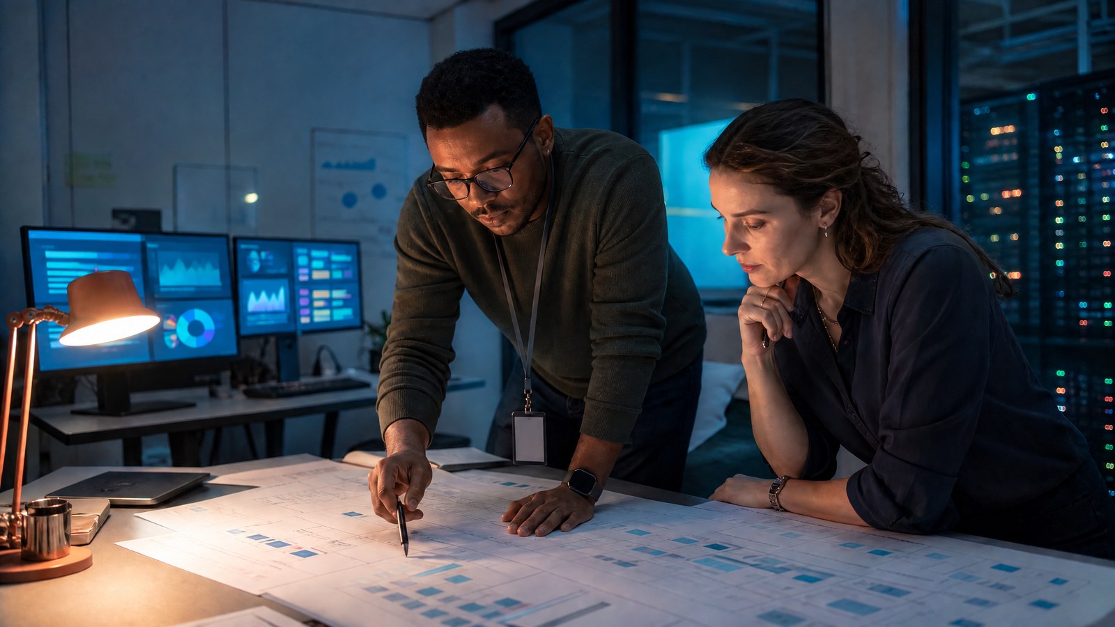An engineering lead and a finance analyst review cloud capacity models and service unit-cost charts together at a sunlit worktable.