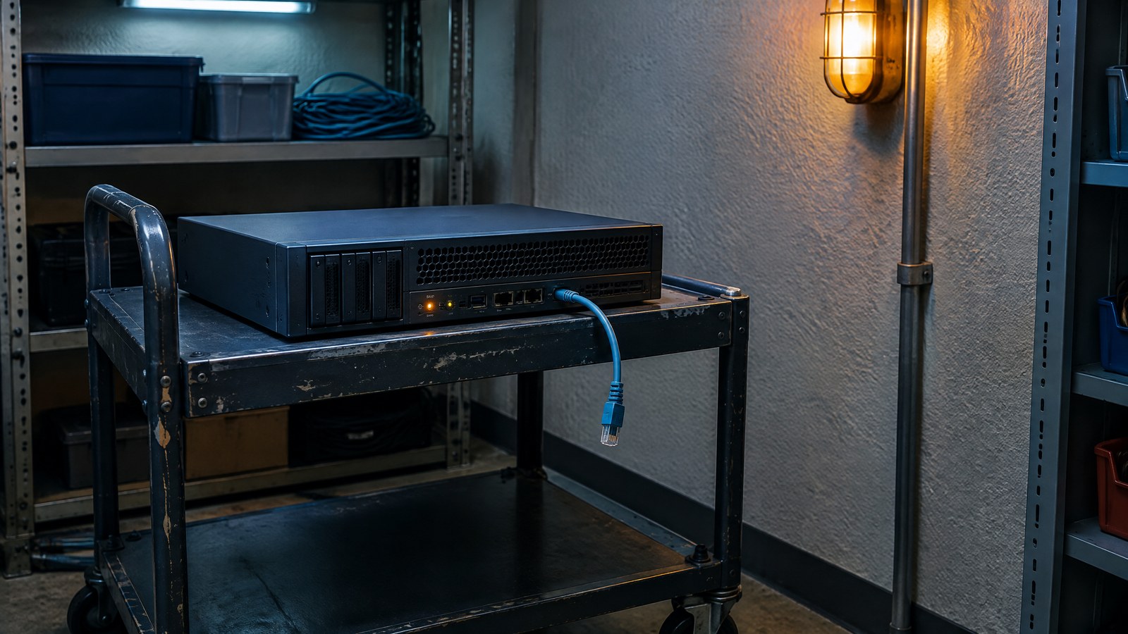 Unbranded self-hosted server appliance prepared for maintenance in an equipment closet.