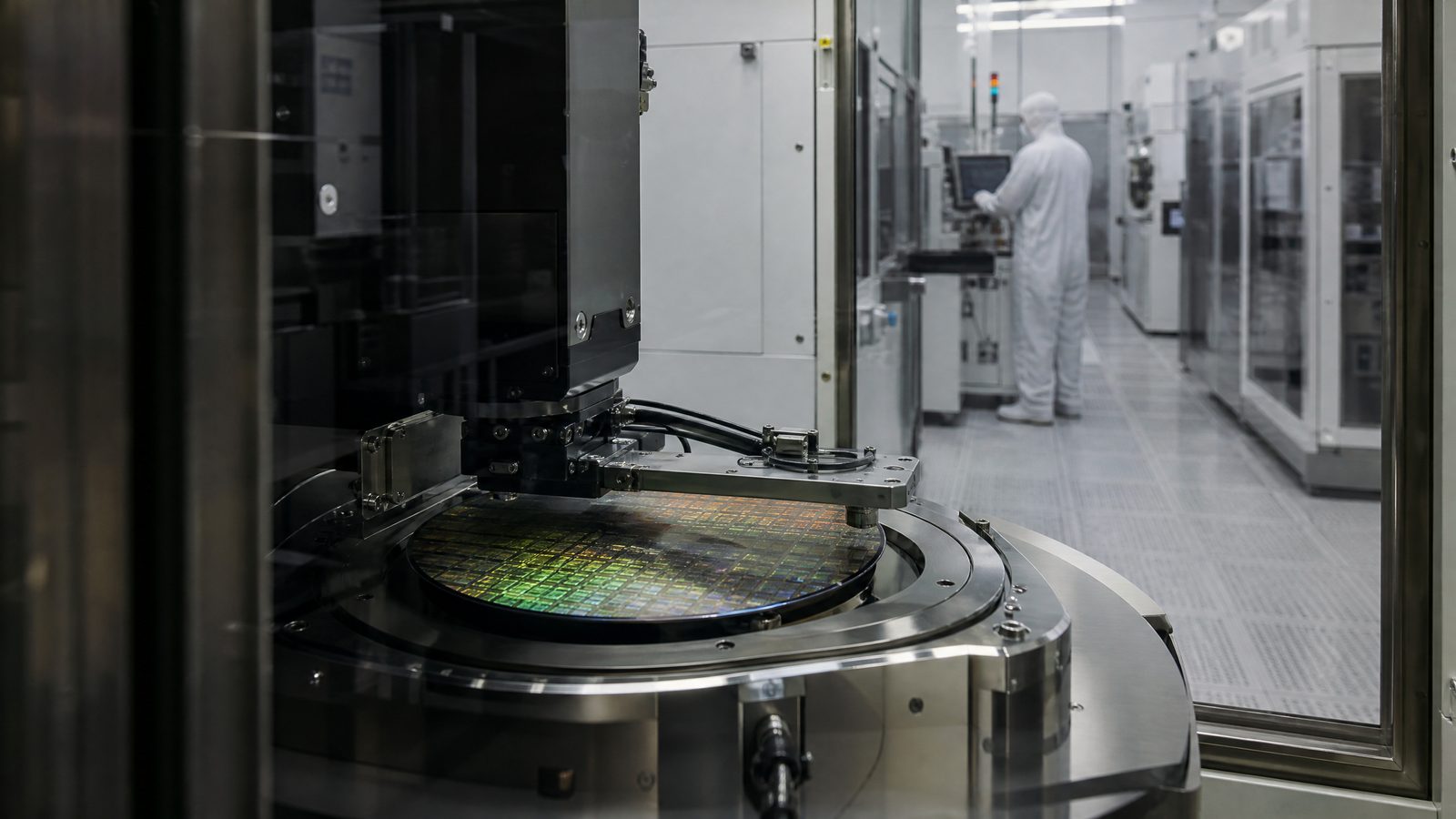 Silicon wafer undergoing precision inspection inside a semiconductor fabrication facility