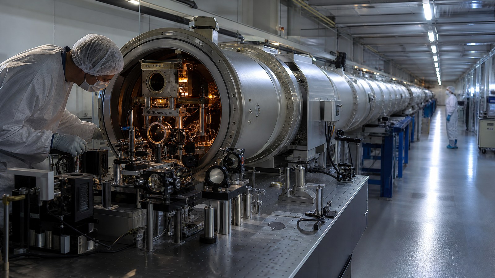 Two scientists inspect vacuum hardware and laser-beam tubing inside a long interferometer facility.