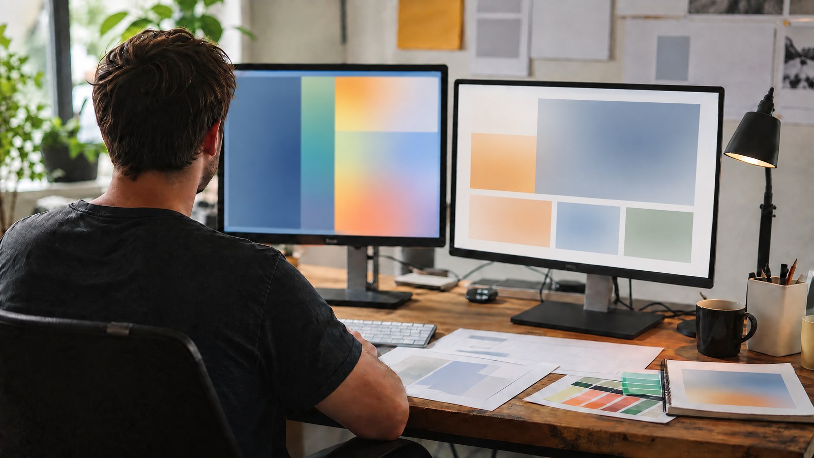 Front-end engineer working between code and browser preview monitors