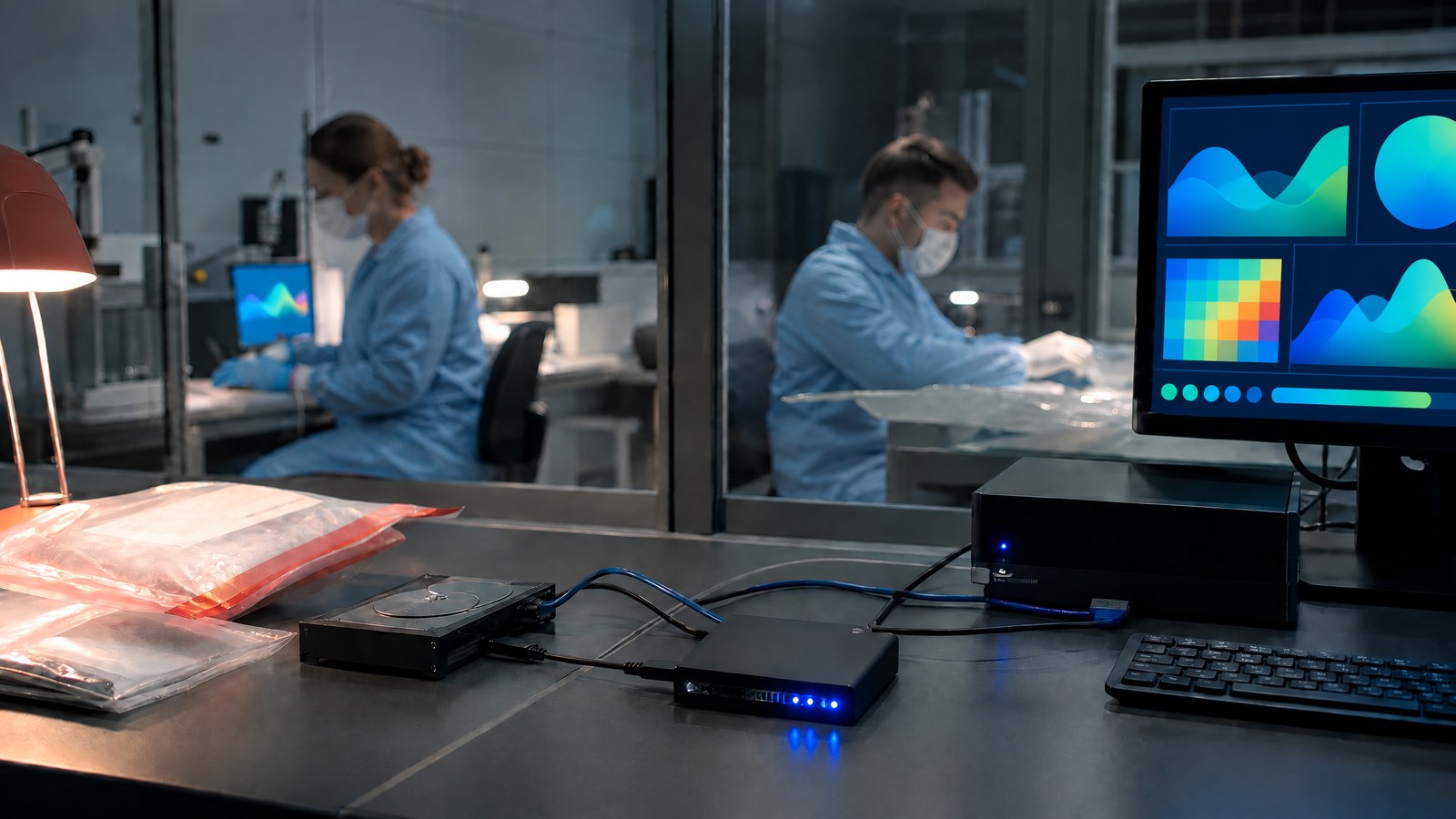 Digital forensics specialists preserve logs and image storage media at a laboratory bench under focused teal lighting.