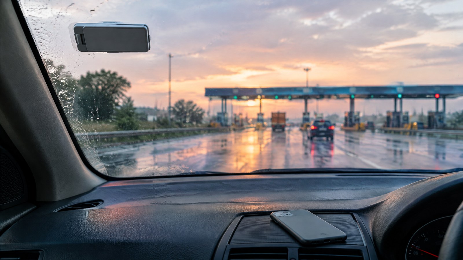 Unbranded windshield toll tag in a car approaching a highway gantry.