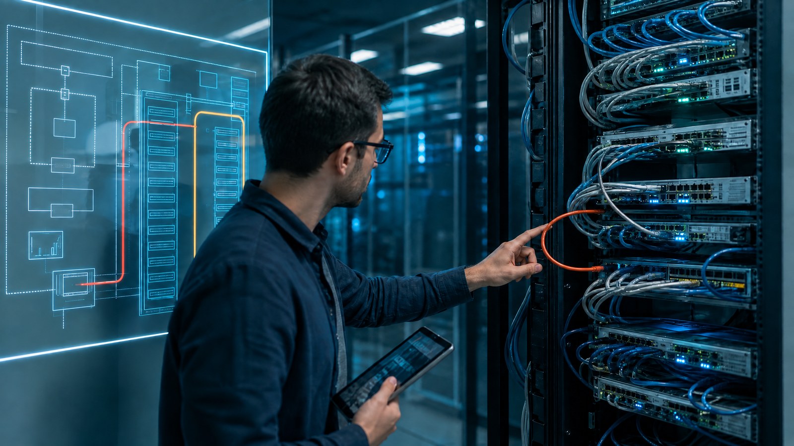 A platform team compares declared cloud infrastructure code on a laptop with a live environment map projected beside them in a quiet collaboration room.