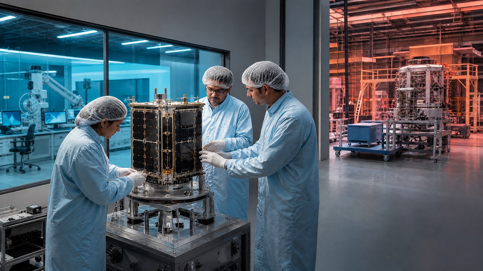 Engineers examining a compact satellite structure in a generic integration clean room