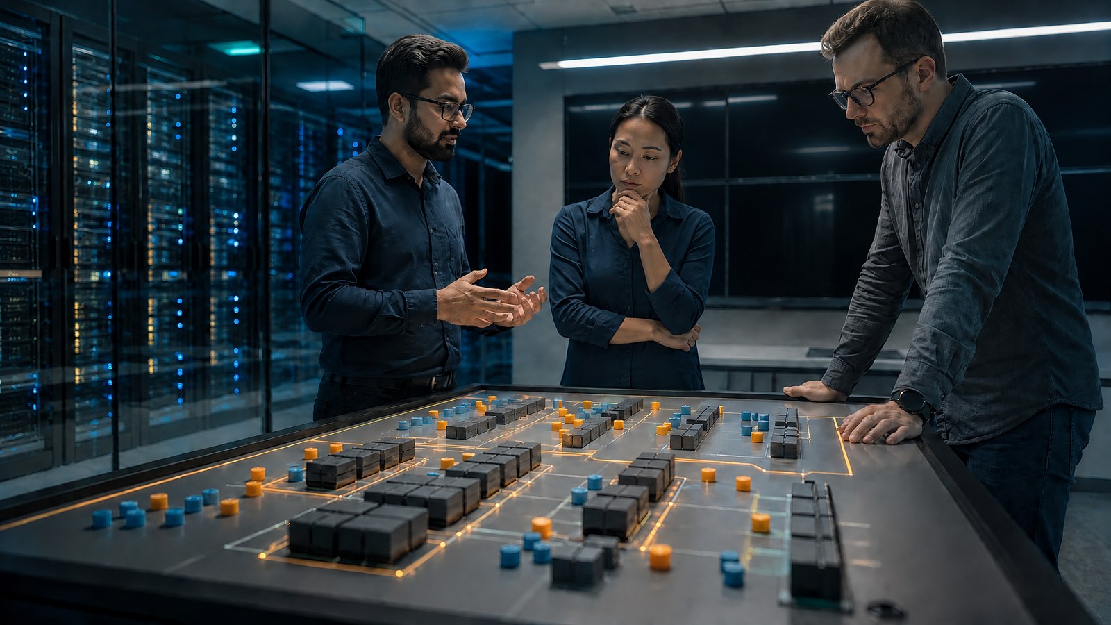 Two cloud operations engineers study projected container CPU and memory graphs on a wall display in a softly lit network operations centre.
