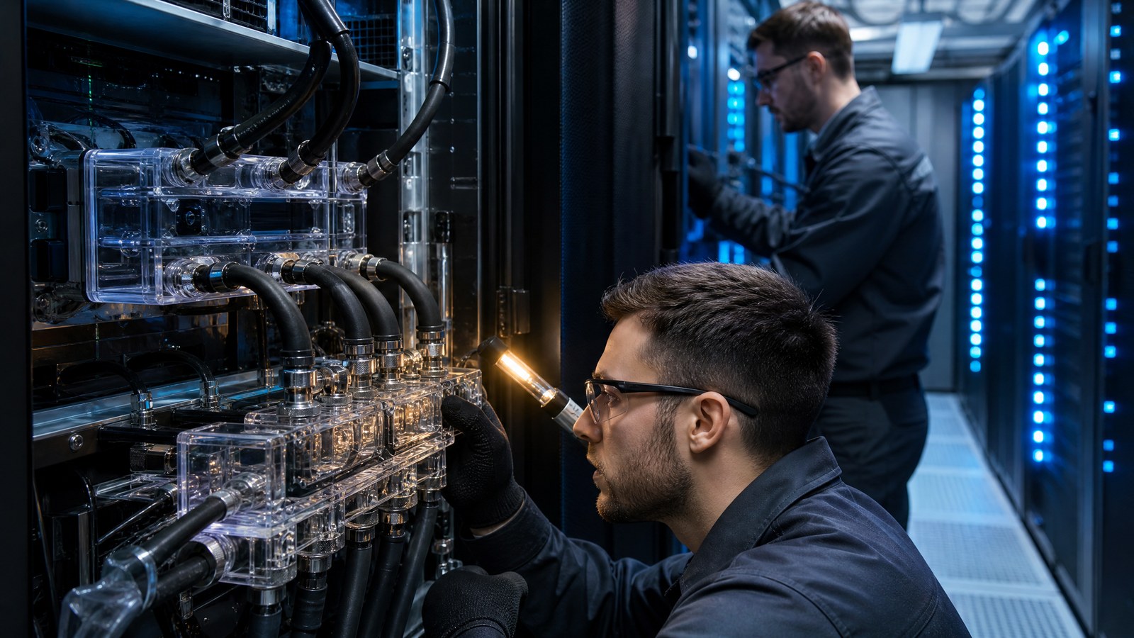 Two technicians service direct-to-chip liquid-cooling manifolds beside high-density server racks in a bright, orderly data-centre aisle.