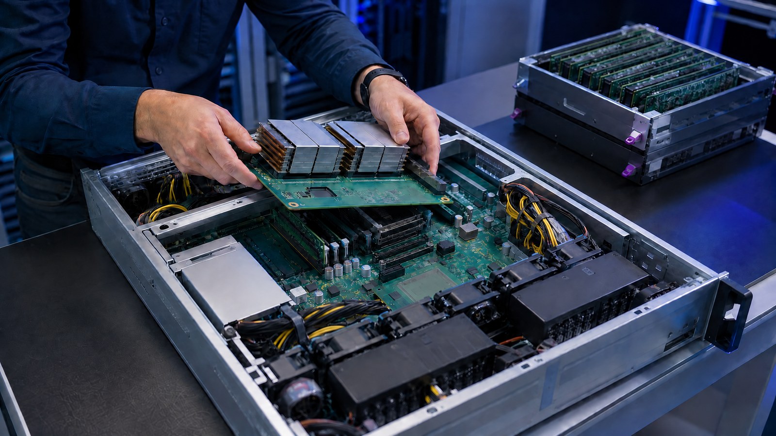 A server hardware team installs a stacked-memory accelerator module beside CXL expansion hardware in an open server chassis, with blue workshop lighting, cooling plates, and organised cables.