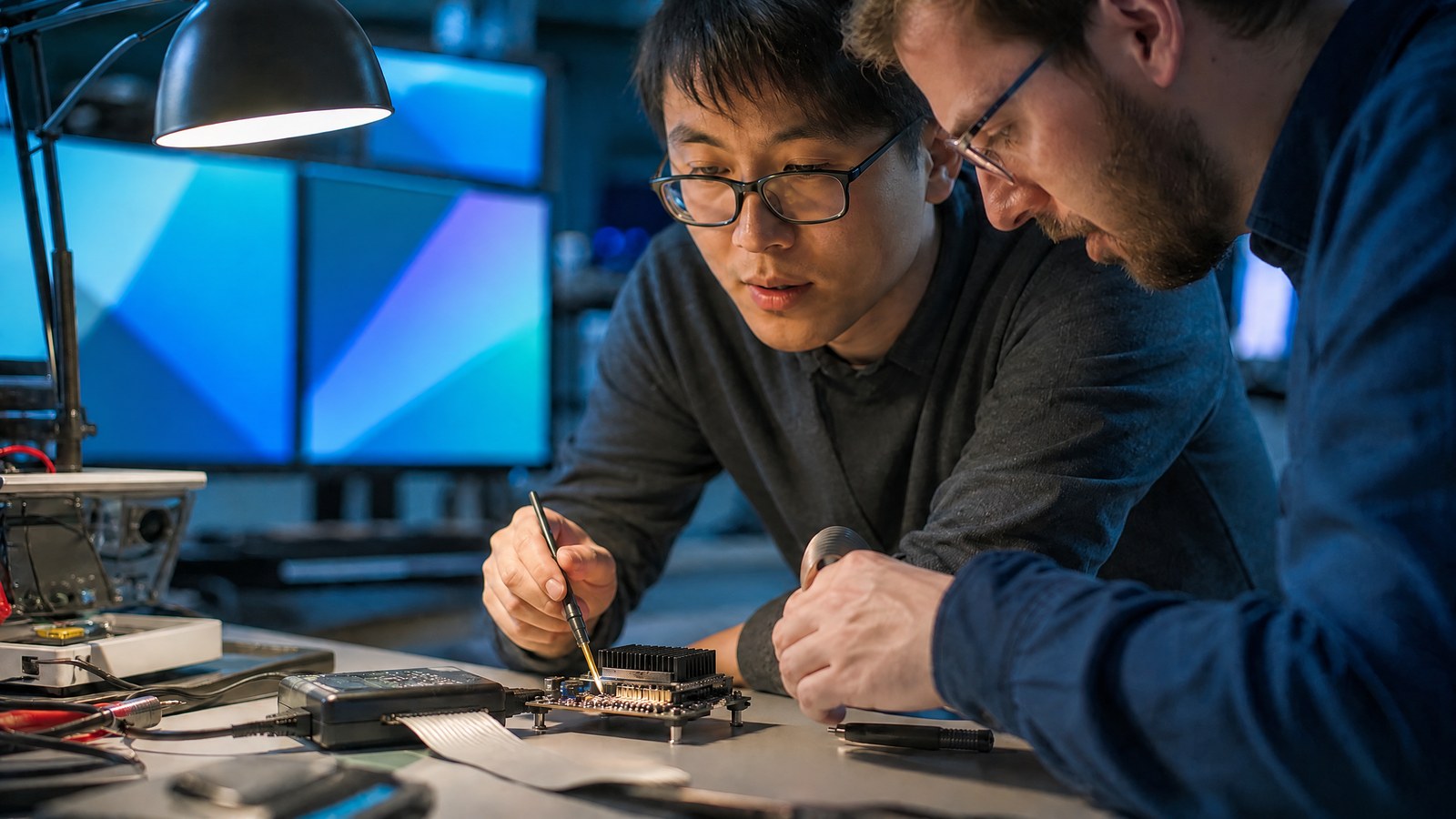 Three security engineers review systems code and memory diagnostics around a workstation in a violet-lit secure development lab.