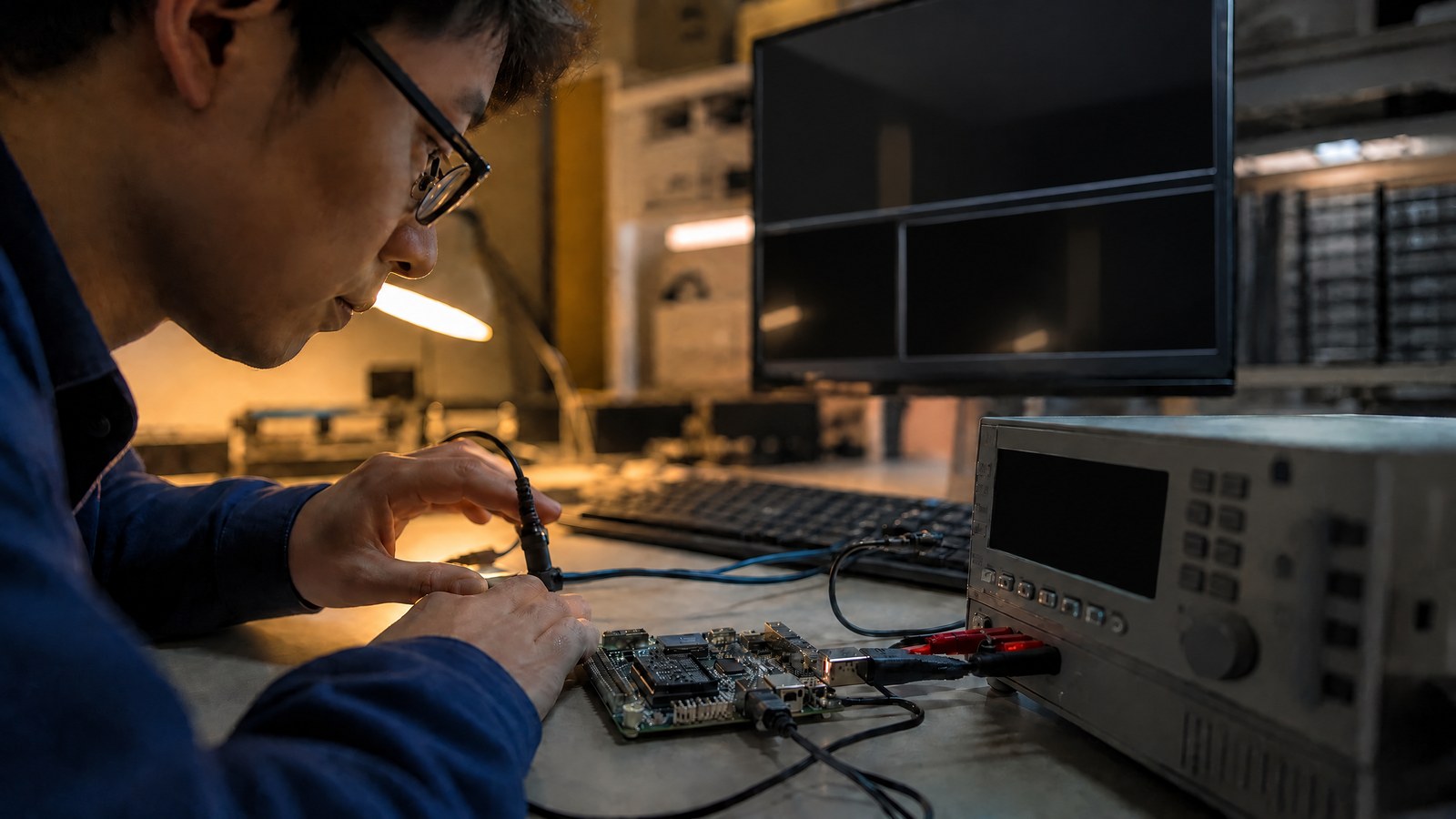 An engineer compares AI inference on a compact edge board and a workstation using measurement instruments in an amber-lit device lab.