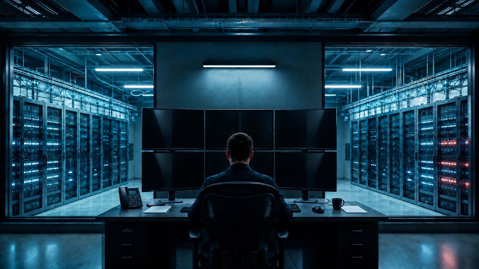 An infrastructure team at an operations table coordinates two geographically separated data-centre regions represented by distinct glowing maps on separate screens.