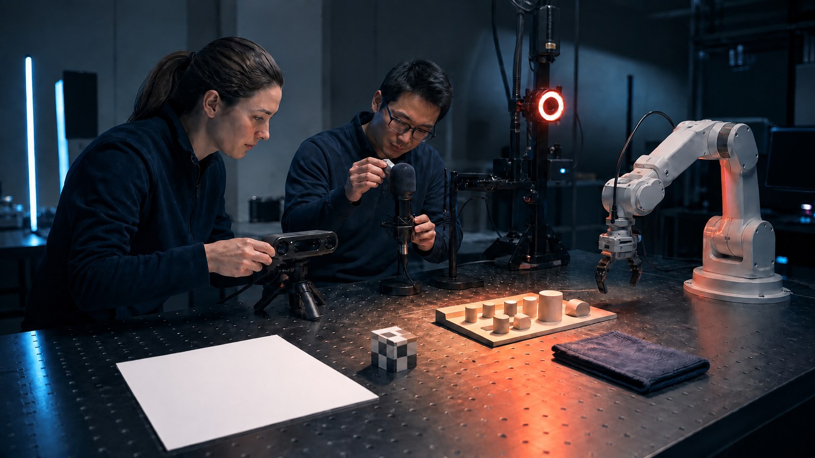 Researchers assess a multimodal AI setup with a camera, microphone, document samples, and a small robotic workbench in a blue-lit lab.
