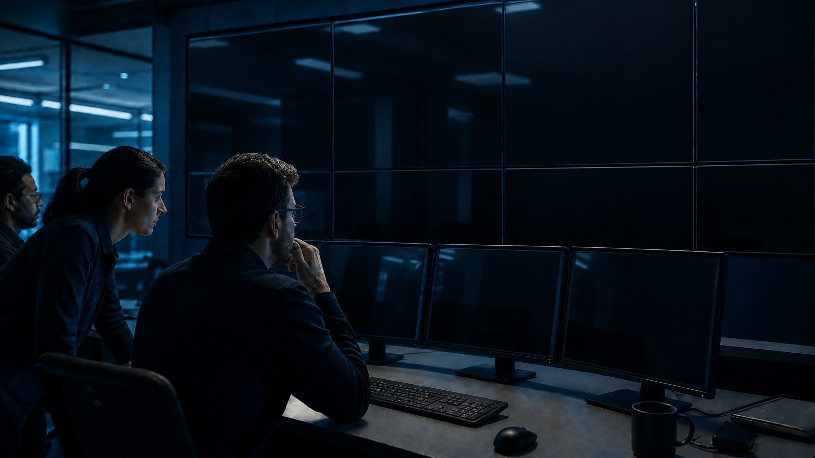Three site reliability engineers correlate metrics, logs, and distributed traces across incident dashboards in a calm blue-lit operations room.