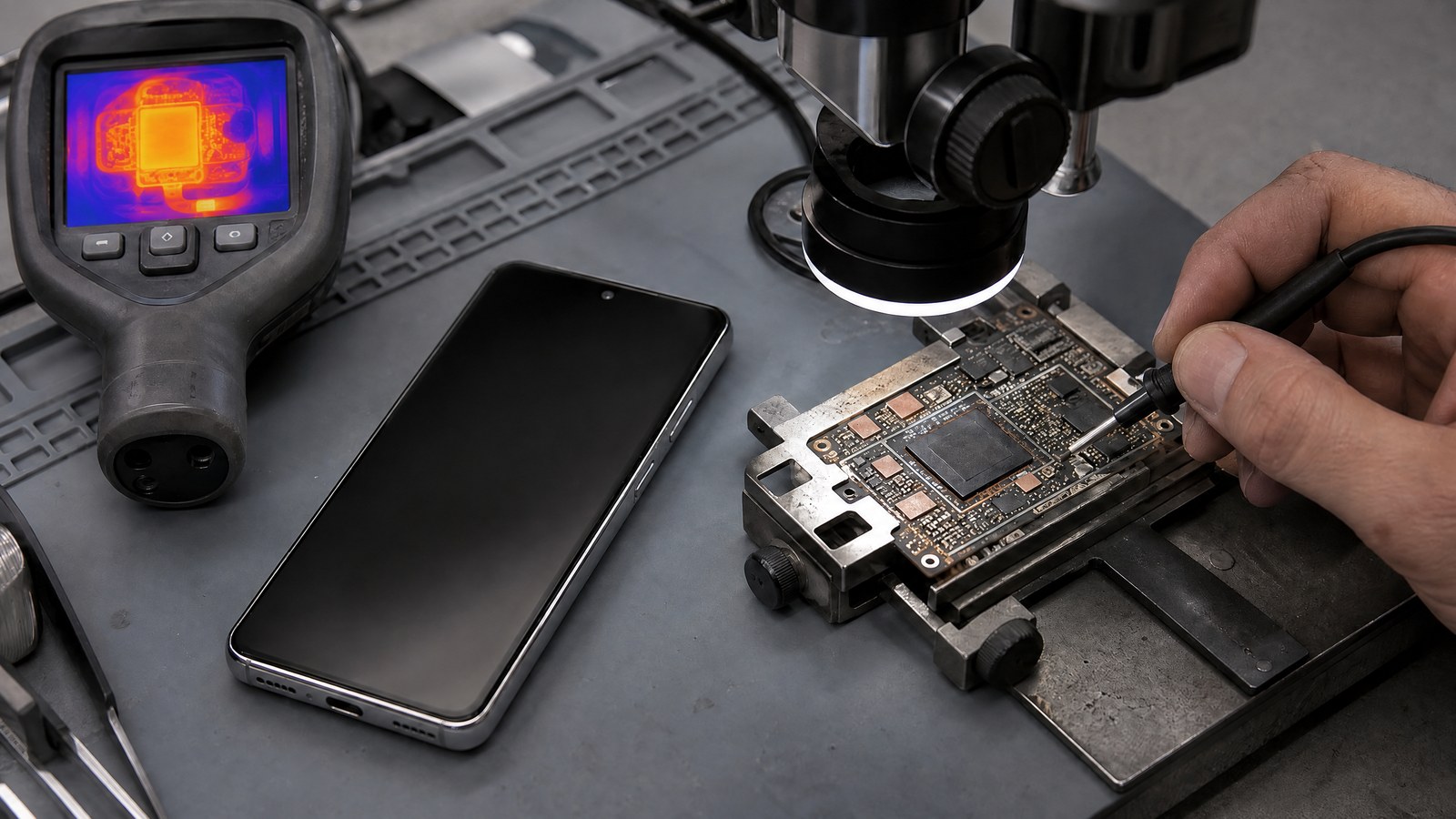 Smartphone processor under a microscope beside a thermal camera on an engineering bench