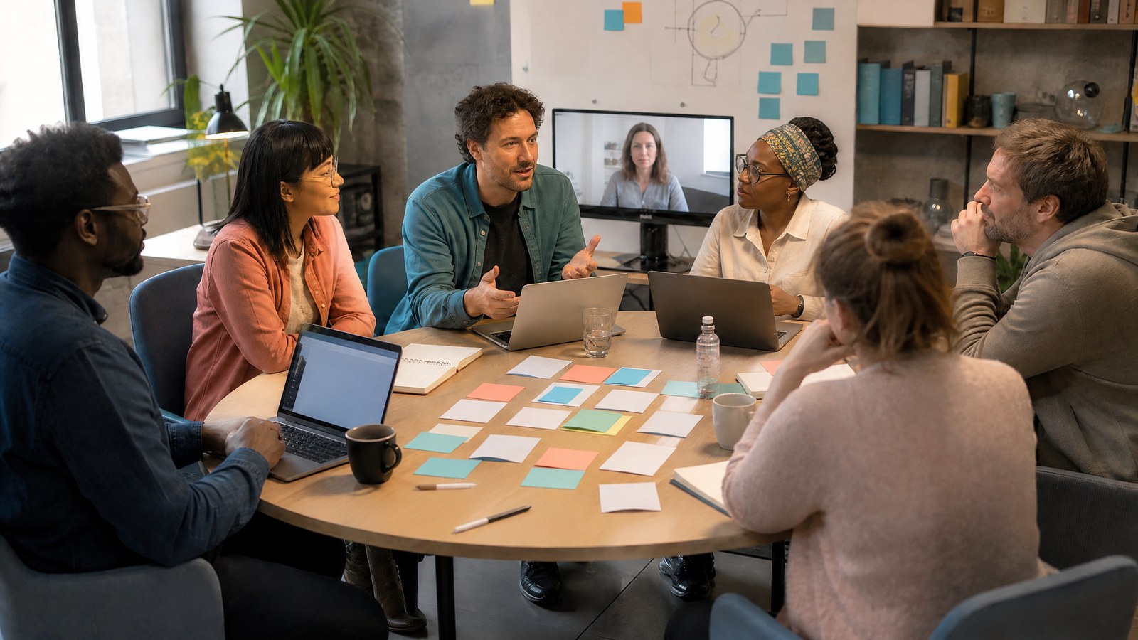 A diverse group of maintainers and startup staff sit around a round table in a transparent governance discussion, with unmarked materials.
