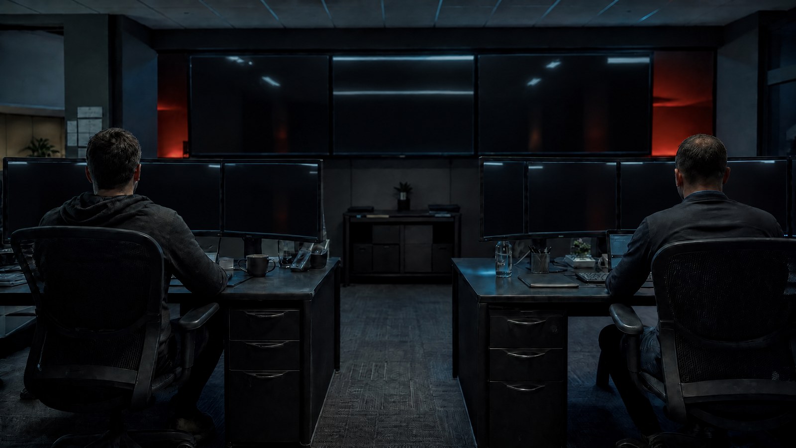 Two analysts working in a security operations centre during an incident response