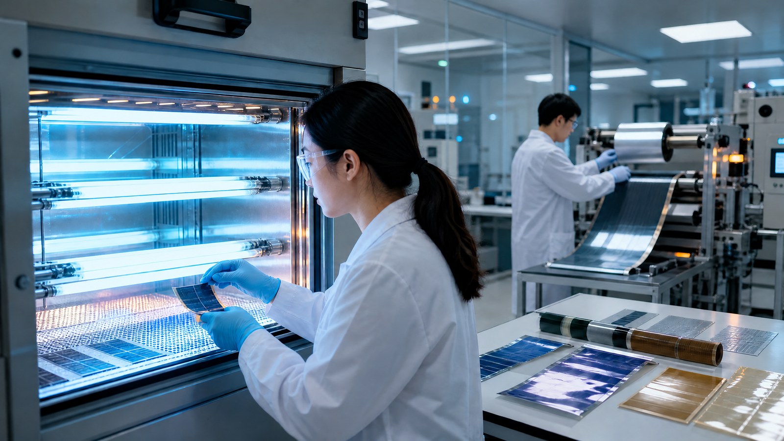 Two materials scientists inspect small perovskite solar modules beneath accelerated weathering lamps in a laboratory.