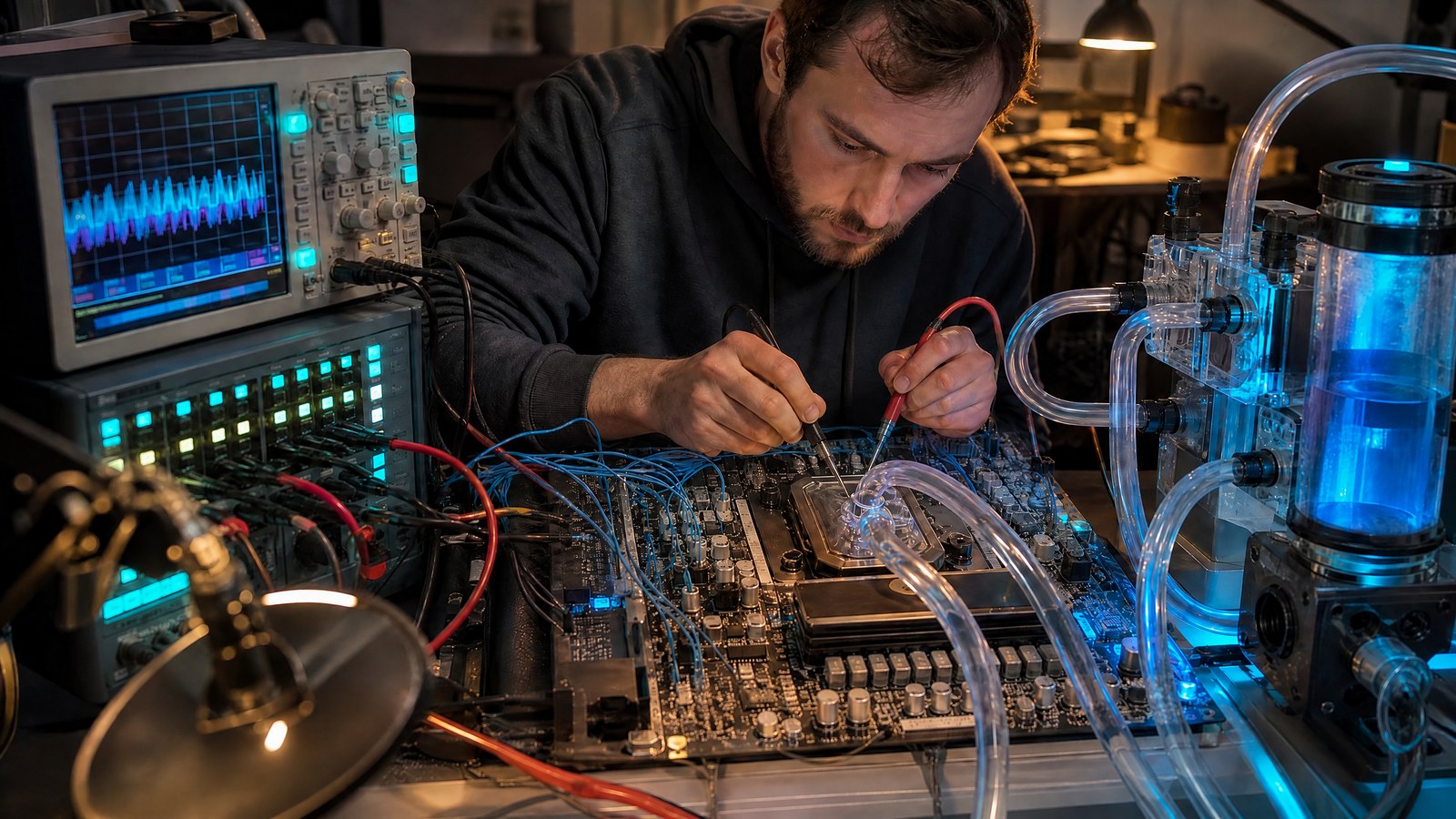 A thermal engineer tests an exposed processor board using voltage-regulator probes and clear liquid-cooling tubes, with an infrared-safe test setup and coral laboratory illumination.