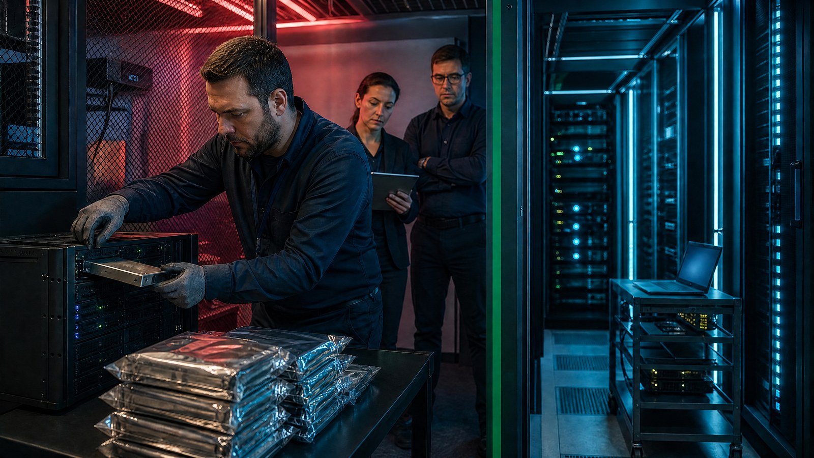 An incident response team restores an offline backup beside isolated server racks in a secure, blue-lit server room.