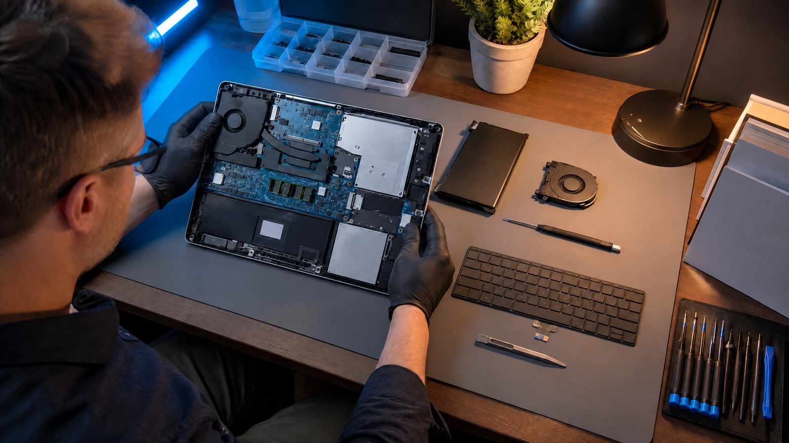 A repair technician carefully opens a compact modular laptop on a neat electronics workbench with trays of screws and repair tools.