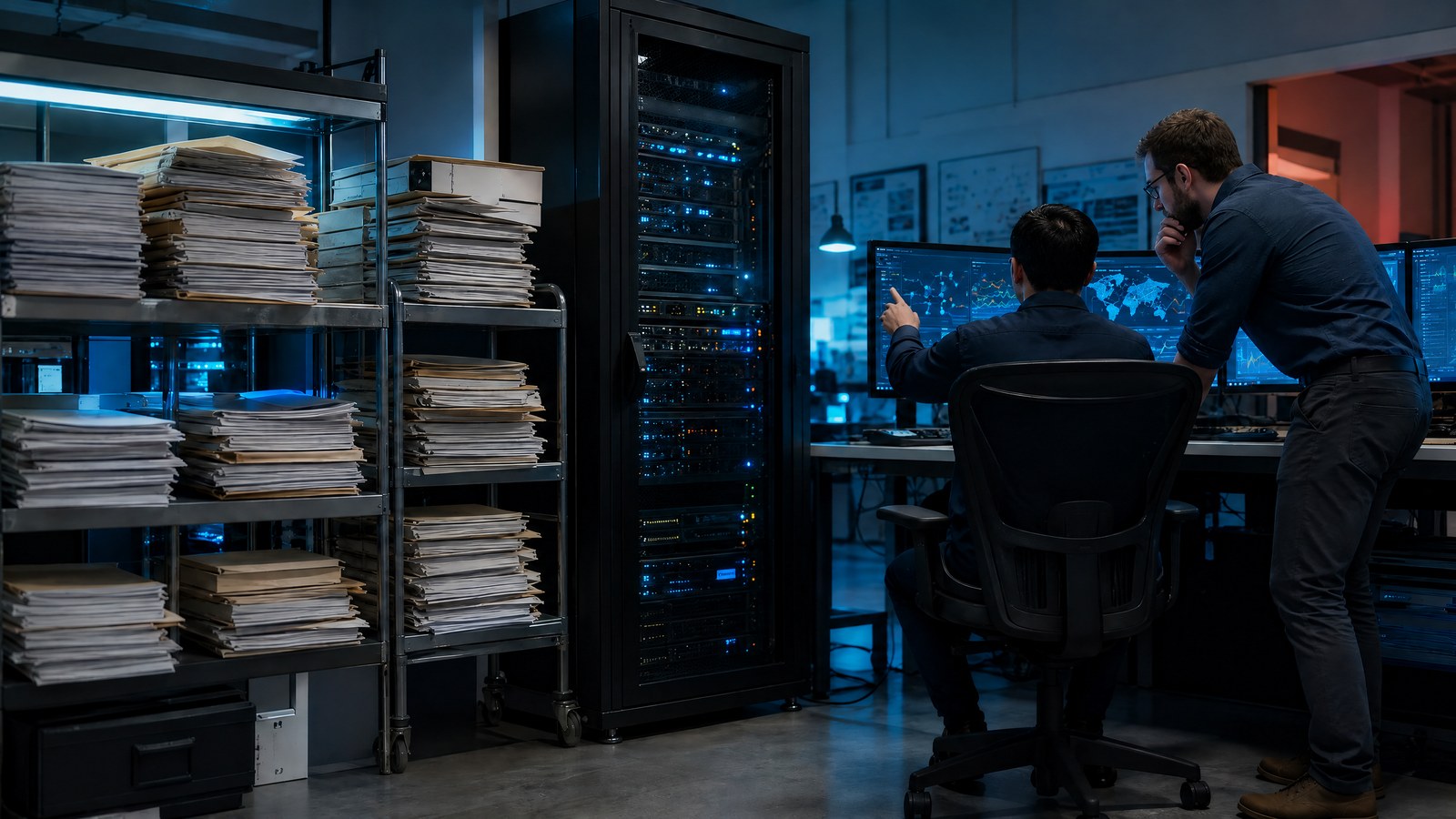 Two engineers examine printed document excerpts and a retrieval test workstation beside a softly lit server rack in a realistic evaluation lab.