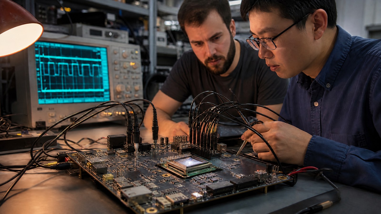 Two chip engineers collaborate at an electronics laboratory bench, diagnosing a custom processor development board with a logic probe, oscilloscope leads, and violet task lighting.